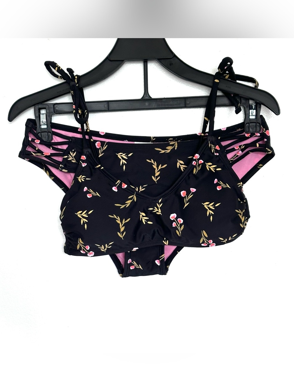 2PC Xhilaration Bikini Set Women Medium Black Floral Padded Swimwear